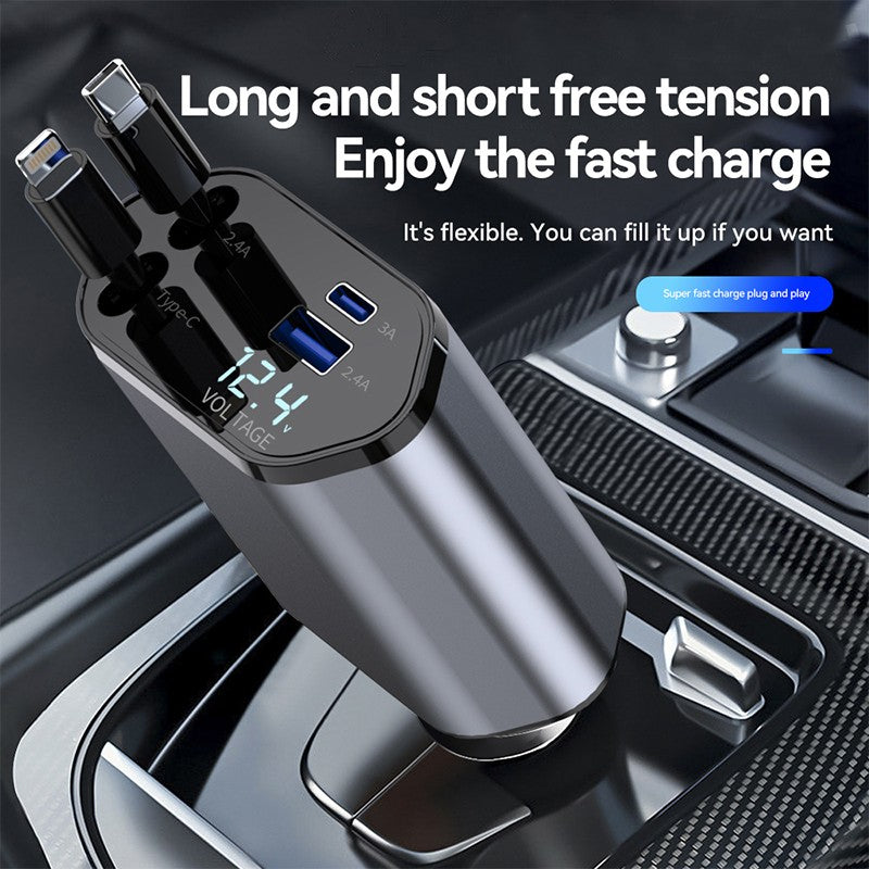 4 in 1 Retractable Car Charger, 100W Fast Car Phone Charger with Iphone and Type C Cable and 2 Charging Ports Car Charger Adapter